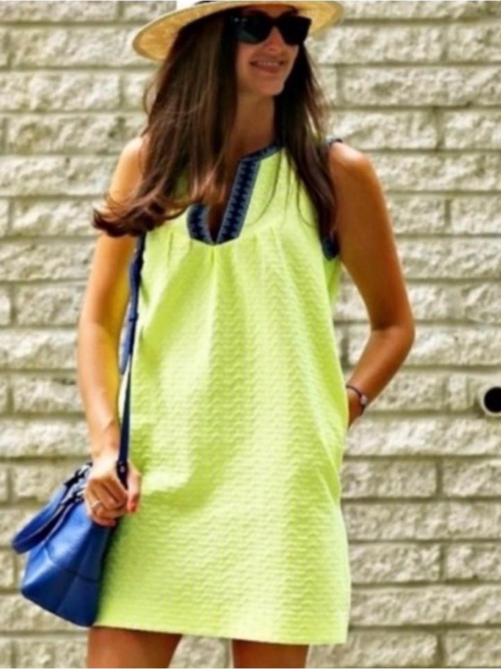 J. Crew Neon Yellow Shift Dress with Navy & Light Blue Trim